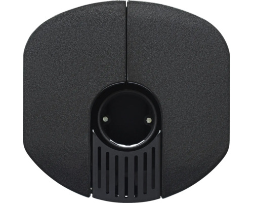 Detailansicht einer schwarzen Steckdose mit Schutzklappengehäuse