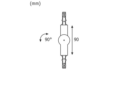 Technische Zeichnung eines Beschlags mit einer Länge von 90 Millimeter und einem Drehwinkel von 90 Grad.