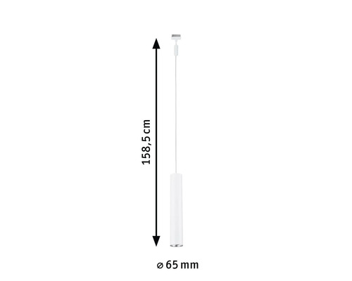Abmessungen einer Pendelleuchte: 158,5 cm Länge, 65 mm Durchmesser