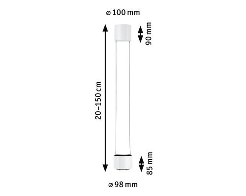 Abmessungen einer zylindrischen Leuchte: Durchmesser oben 100 Millimeter, Durchmesser unten 98 Millimeter, Höhe oben 90 Millimeter, Höhe unten 85 Millimeter, Gesamthöhe 20 bis 150 Zentimeter.