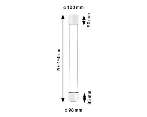 Technische Zeichnung einer Pendelleuchte mit den Maßen 20 bis 150 Zentimeter Länge, 100 Millimeter Durchmesser oben und 98 Millimeter Durchmesser unten.
