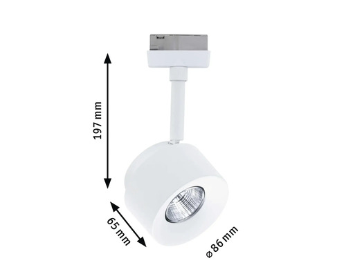 Abbildung eines weißen Stromschienenstrahlers mit den Maßen 197 mm Höhe, 65 mm Breite und 86 mm Durchmesser