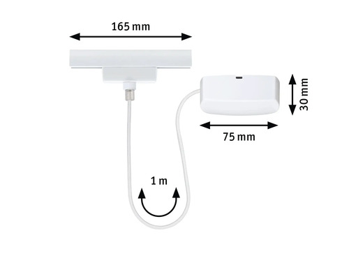 Abbildung mit Maßangaben eines Bewegungsmelders, 165 mm breit, 75 mm tief, 30 mm hoch, Kabellänge 1 m