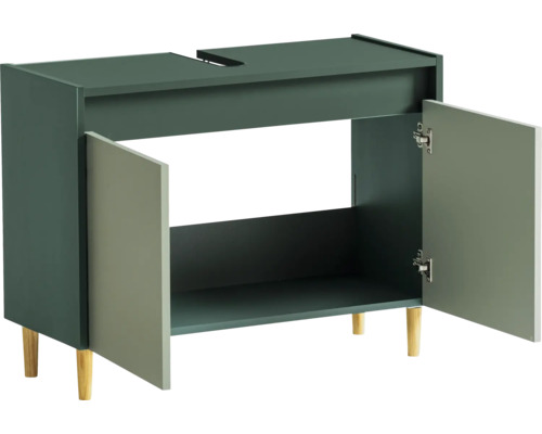 Waschtischunterschrank mit zwei offenen Türen und Holzfüßen