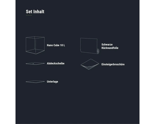Setinhalt: Nano Cube 10 Liter, Abdeckscheibe, Unterlage, schwarze Rückwandfolie und Einsteigerbroschüre