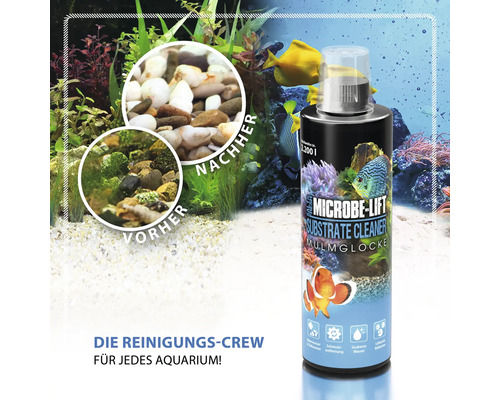 Microbe Lift Substrate Cleaner zur Aquariumpflege. Vorher und nachher Darstellung.