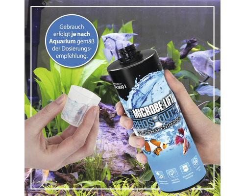 Microbe Lift Phos Out 4 Phosphatentferner Flasche mit Messbecher vor Aquarium