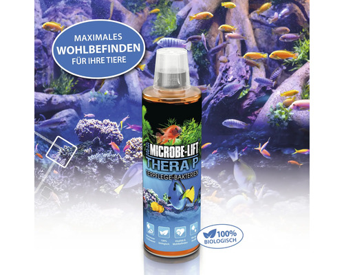 Microbe Lift Therap P Tierpflege Bakterien vor Aquarium-Hintergrund