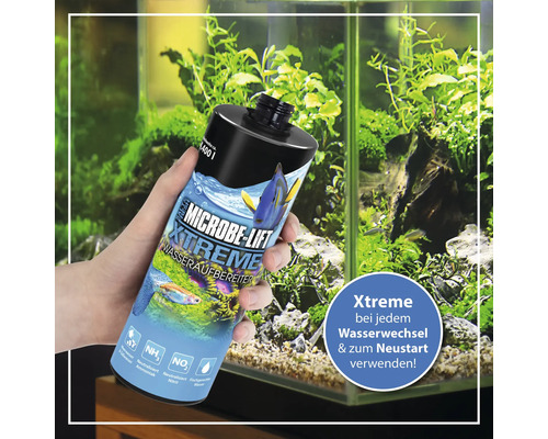 Microbe Lift Xtreme Wasseraufbereiter in der Hand vor einem Aquarium