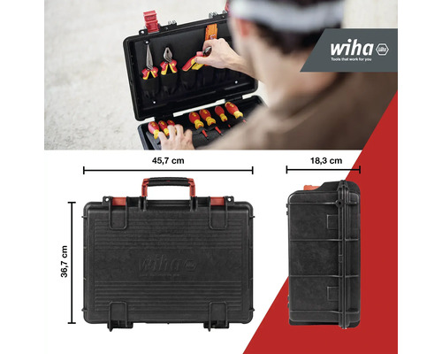 Wiha Werkzeugkoffer mit Werkzeugen und Maßangaben