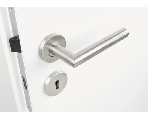 Edelstahl-Türdrücker mit Schlossrosette an einer Tür