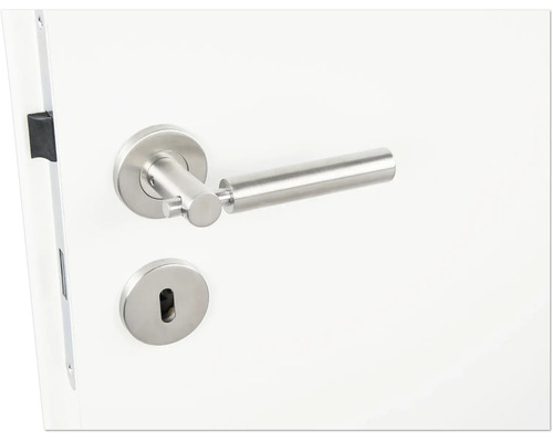 Türbeschlag aus Edelstahl mit Schlüsselloch auf weißer Tür