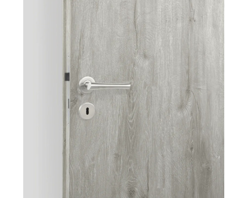 Graue Holztür mit silberner Türklinke und Schlüsselloch