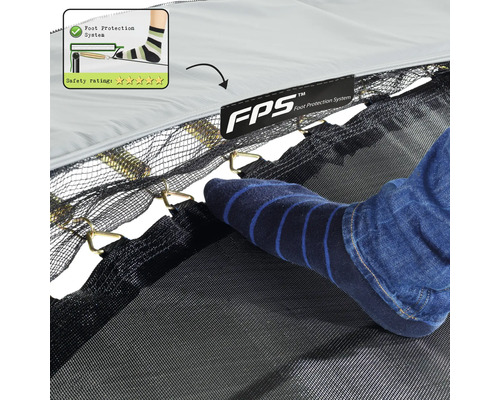 Detailaufnahme des Fußschutzsystems eines Trampolins mit Sicherheitsbewertung