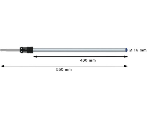 Illustration eines Bohrers mit den Maßen 550 mm Gesamtlänge, 400 mm Schaftlänge und 16 mm Durchmesser