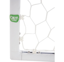 Detailansicht eines Fußballtors mit Tornetz und dem Exit Toys Logo.