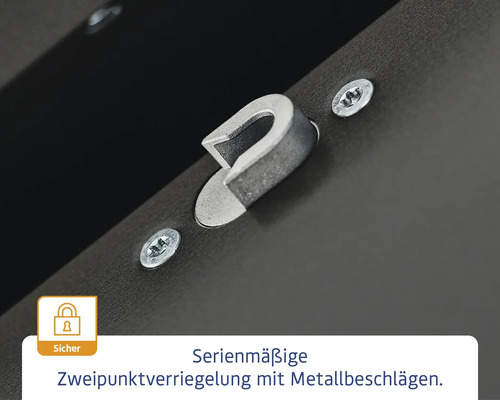 Detailaufnahme einer serienmäßigen Zweipunktverriegelung mit Metallbeschlägen