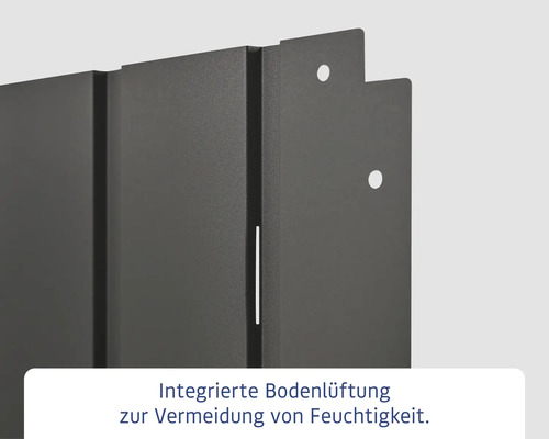 Detailansicht eines Metall-Gartenhauses mit integrierter Bodenlüftung