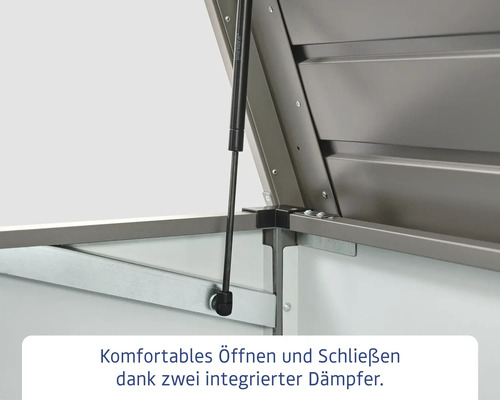 Geöffnete Metall Gartenbox mit Gasdruckdämpfer