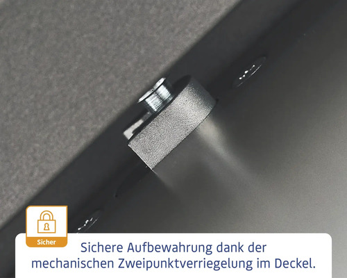 Detailaufnahme des mechanischen Zweipunktverriegelungssystems im Deckel für sichere Aufbewahrung