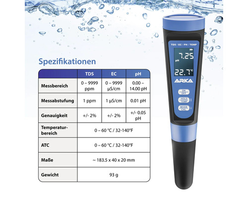 Arka Messgerät mit Spezifikationen für TDS, EC und pH-Wert
