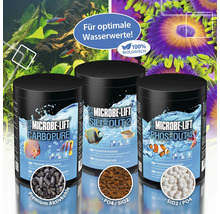 Drei Behälter Microbe-Lift zur Optimierung der Wasserwerte für Aquarien mit Aktivkohle, Silikatentferner und Phosphatentferner