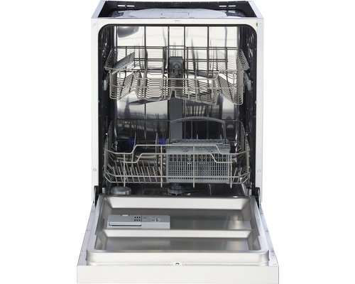 Offene Geschirrspülmaschine mit Innenraum aus Edelstahl und Geschirrkörben