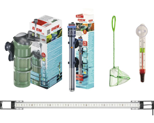 Aquarium Zubehör Set mit Innenfilter, Heizstab, Thermometer, Fischkescher und LED-Leuchte