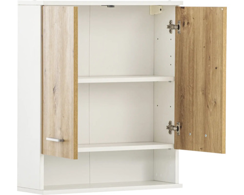 Geöffneter weißer Hängeschrank mit zwei Einlegeböden und Holztüren