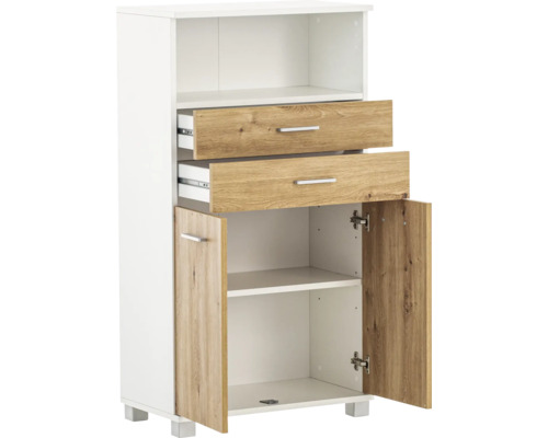 Hochschrank mit zwei Schubladen und zwei offenen Türen