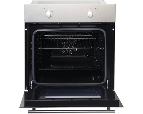 Geöffneter Einbaubackofen mit Drehreglern und Innenraum aus Metall