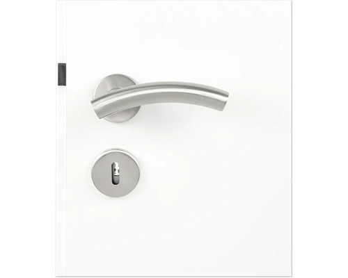 Edelstahl-Türdrücker mit Schlüsselrosette an einer Tür