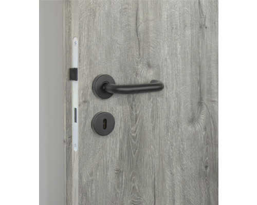 Nahaufnahme einer Tür mit schwarzer Türklinke und Schloss