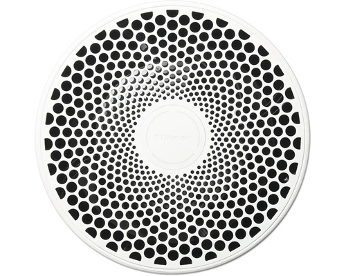 Blueair Logo auf einem runden Luftfilter mit Löchern.