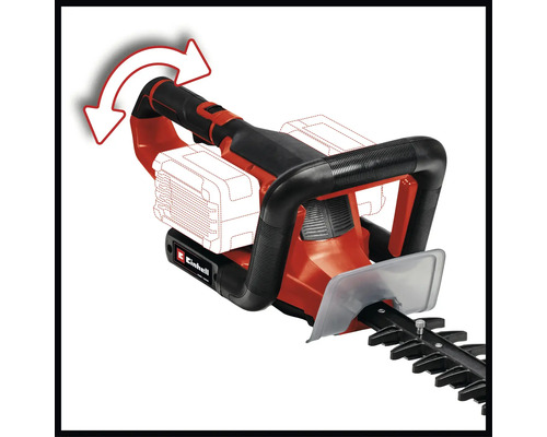Einhell Akku-Heckenschere mit drehbarem Griff für flexibles Schneiden.