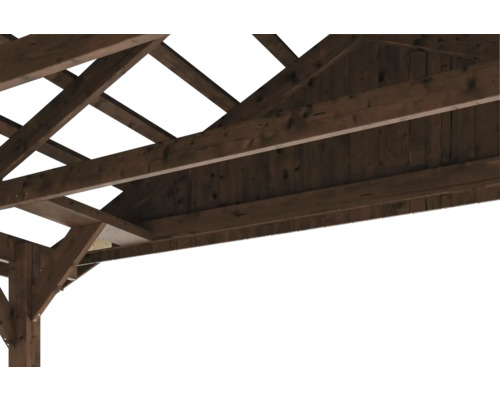Detailaufnahme eines Holzpavillons von unten mit Holzbalken