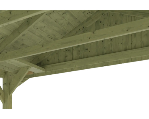 Detailaufnahme der Holzkonstruktion eines Pavillons.