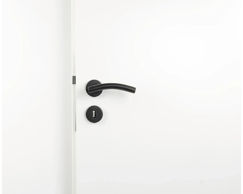 Weiße Tür mit schwarzem Türbeschlag inklusive Türklinke und Schlüsselloch