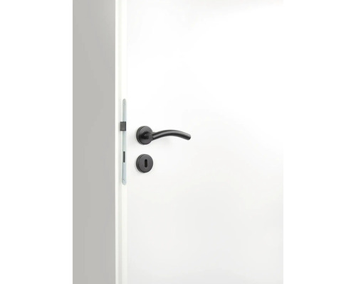 Weiße Innentür mit schwarzer Türklinke und Schloss