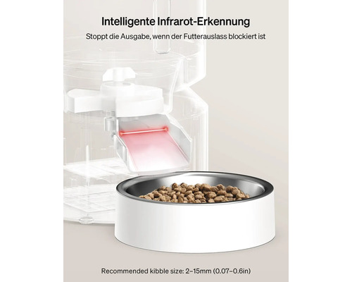 Automatischer Futterautomat mit Infraroterfassung und Futternapf gefüllt mit Trockenfutter