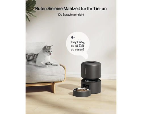 Automatische Futterausgabe für Haustiere neben einer Katze auf einem Sofa