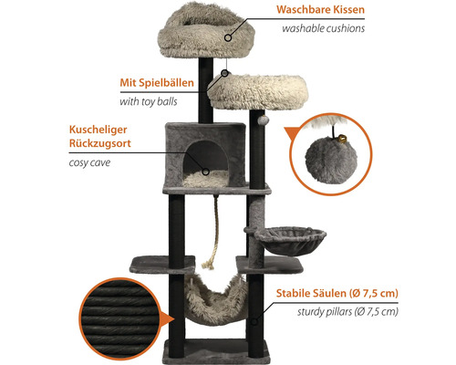 Mehrstöckiger grauer Kratzbaum mit Schlafplätzen, Spielzeug und stabilen Säulen.
