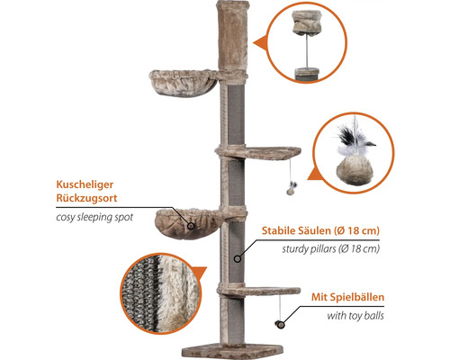 Katzenkratzbaum mit Liegemulden, Säulen und Spielzeug