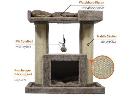 Katzenkratzbaum mit Liegeflächen, Säulen und Spielzeug