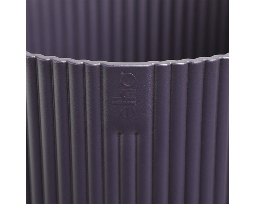 Detailansicht eines lila Blumentopfs mit dem Elho Logo
