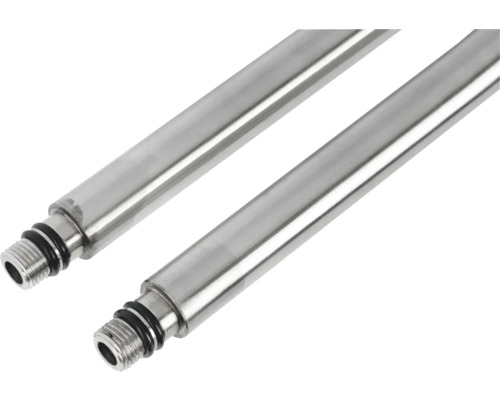 Zwei Metallstangen mit Gewinde und Dichtungsringen