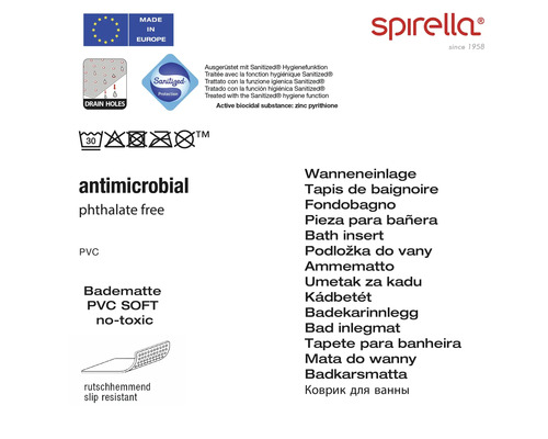 Informationen zu einer Badematte: hergestellt in Europa, Ablauföffnungen, Sanitized Schutz, waschbar bei 30 Grad, antimikrobiell, frei von Phthalaten, PVC, rutschhemmend, Spirella Logo