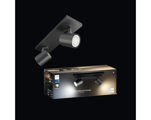 Philips Hue White Ambiance LED-Strahler mit zwei Leuchten und Produktverpackung