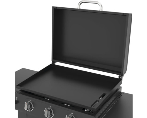 Offene Grillplatte mit Abdeckung und Bedienelementen.