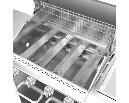 Innenansicht eines Gasgrills mit Grillrost und Edelstahlbrennern